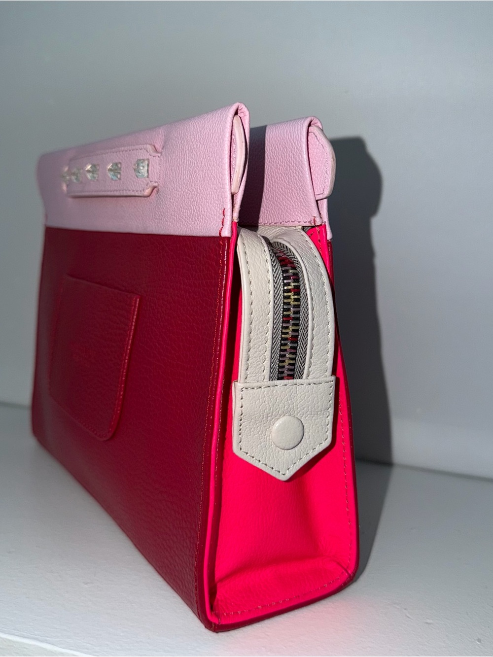 Min & Mon Pebbled Leather Colorblock Crossbody Clutch Bag Pink Red